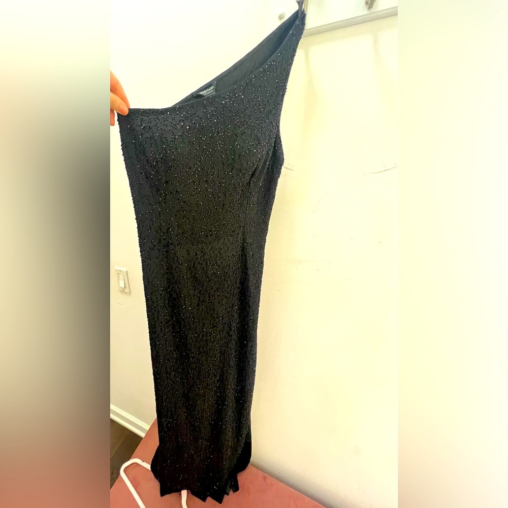 elegant evening dress beaded. Open back. Slits on both sides. One shoulder